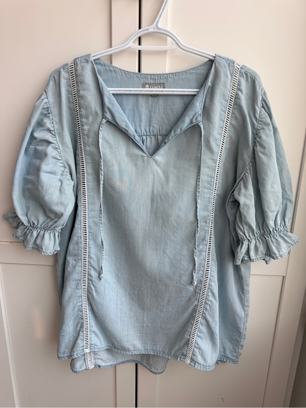 Tractr Oversized Chambray Puff Sleeve Cottagecore Peasant Blouse Size XL